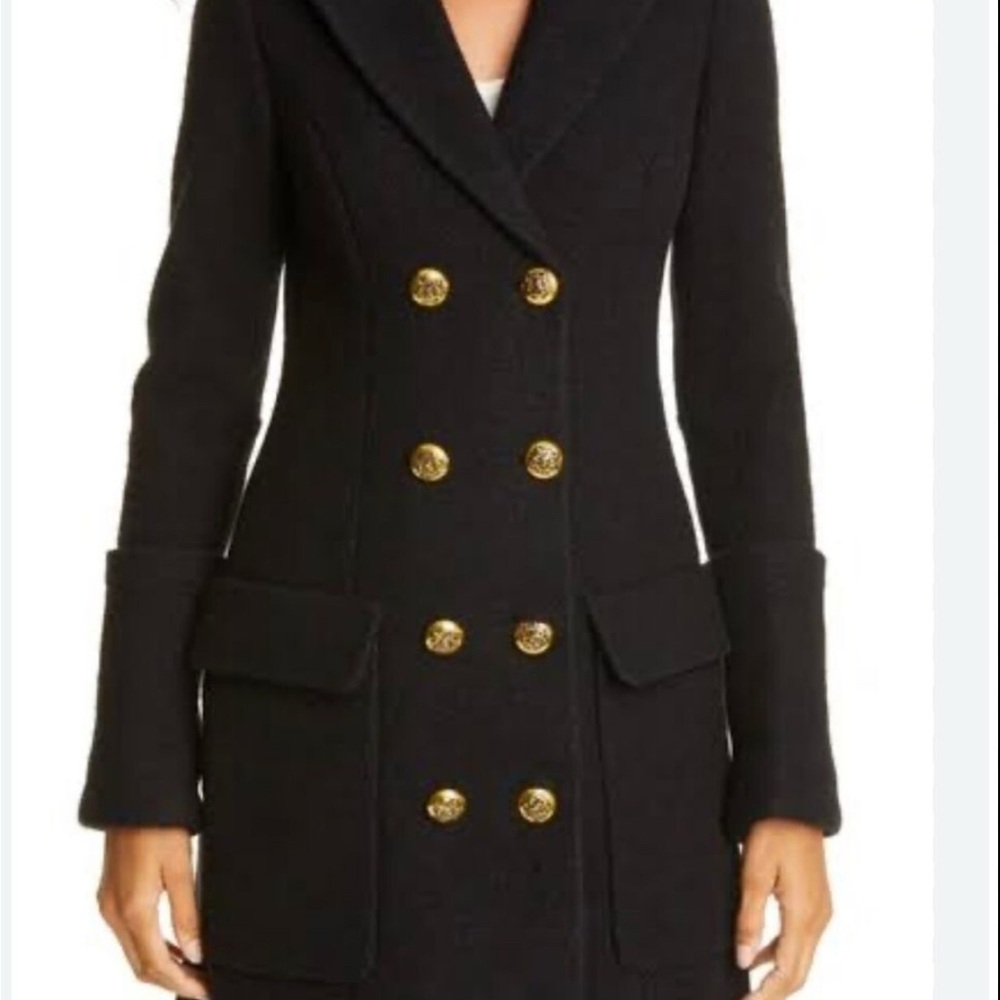 Smythe Black Double-Breasted Wool Pea Coat with Gold Buttons - Picture 2 of 6